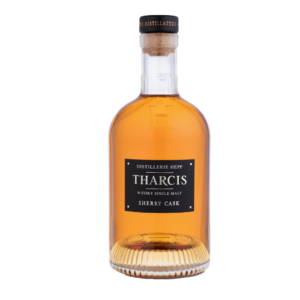 Bouteille de whisky Tharcis Sherry Cask de la Distillerie HEPP, single malt alsacien couleur ambrée, étiquette noire et argent, bouchon en liège