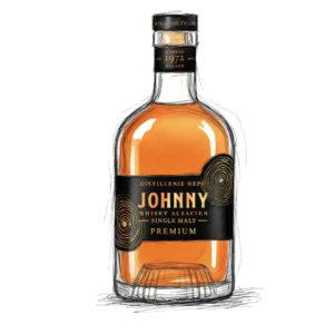 Bouteille de whisky Johnny Hepp de la Distillerie HEPP, whisky alsacien single malt Premium, étiquette noire et or à motifs en spirale