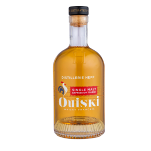 Bouteille de whisky Ouiski Expression Tourbée de la Distillerie HEPP, single malt whisky français tourbé couleur ambrée, étiquette au coq