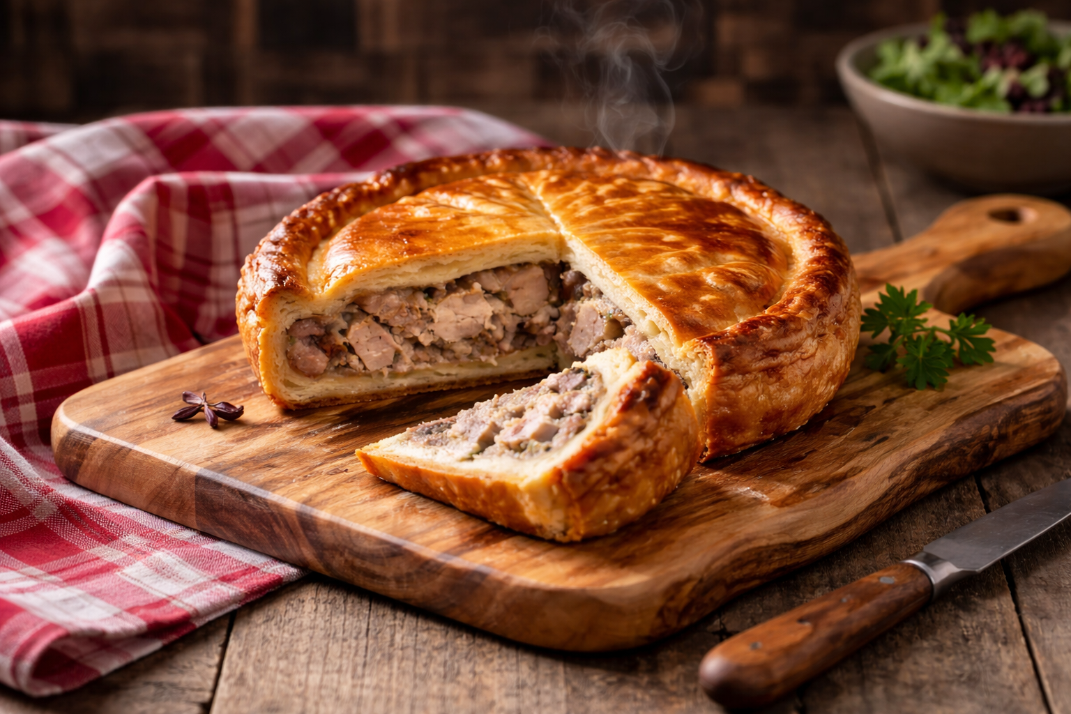 Tourte à la viande HEPP alsacienne dorée, garnie de porc et de veau, servie chaude sur une planche en bois