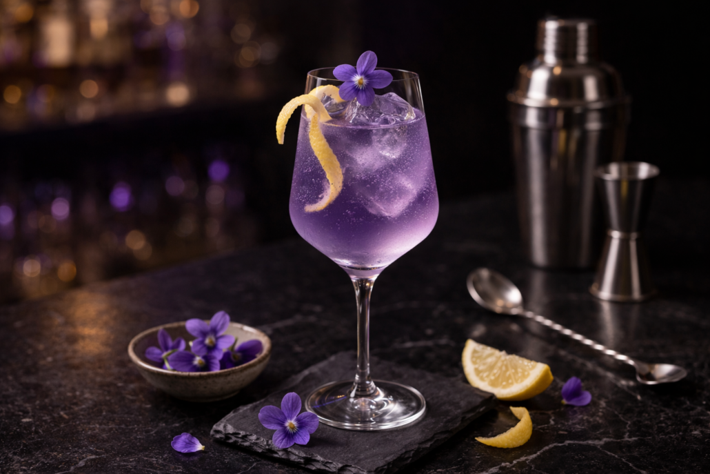cocktail Violette Hepp des Sous-Bois avec liqueur violette HEPP, citron et fleur de violette dans un verre élégant