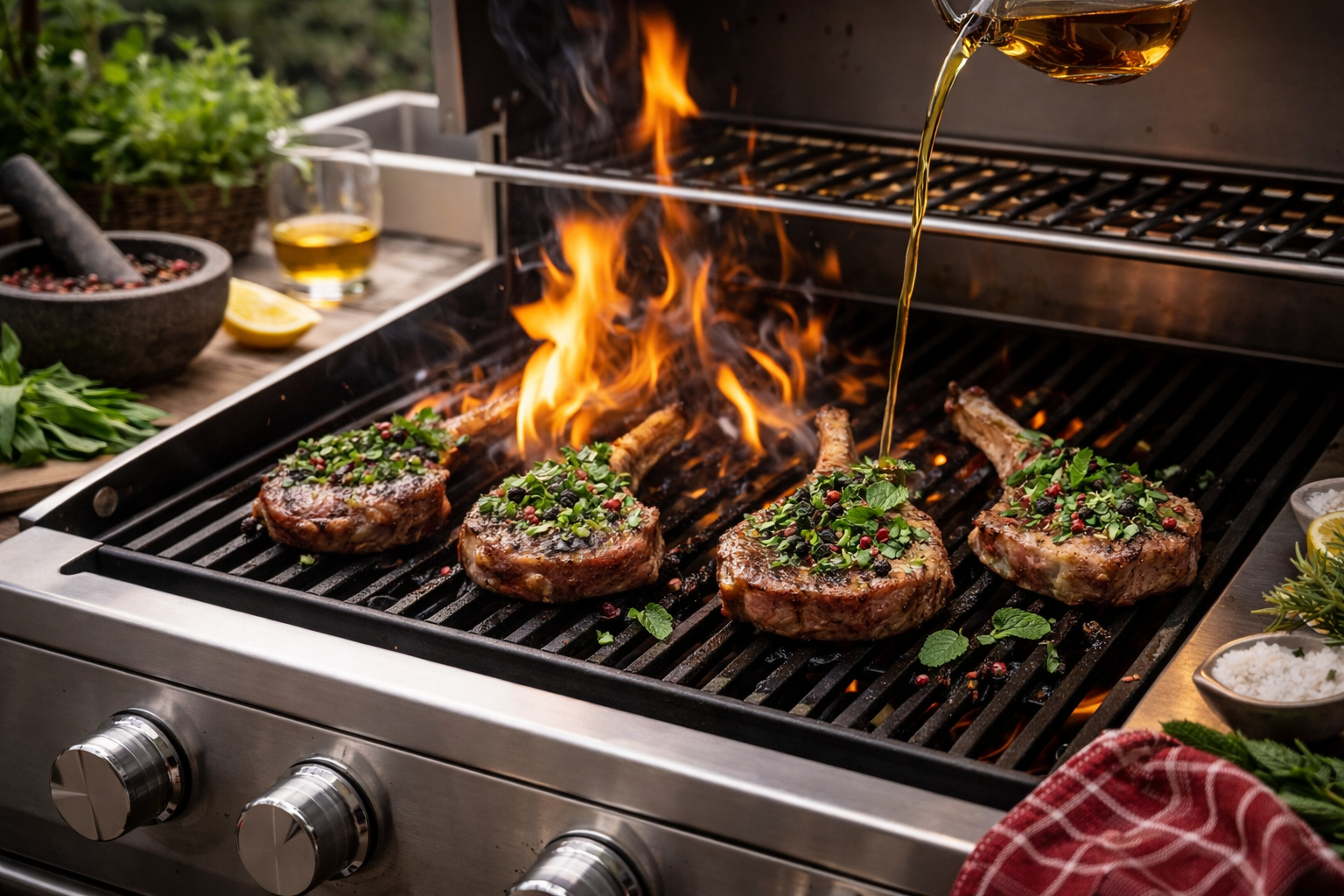 Côtelettes d’agneau whisky HEPP à l’ail des ours en cuisson au barbecue avec flambage au whisky et herbes fraîches