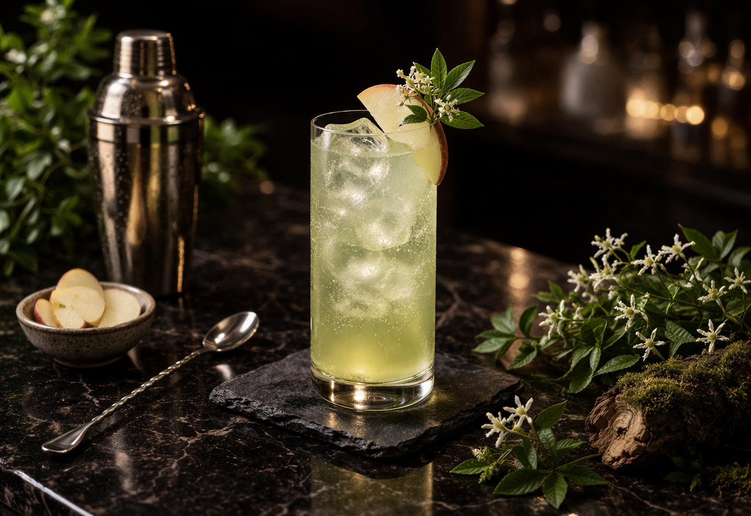 cocktail aspérule HEPP avec pomme Golden et aspérule fraîche dans un verre long sur fond de bar