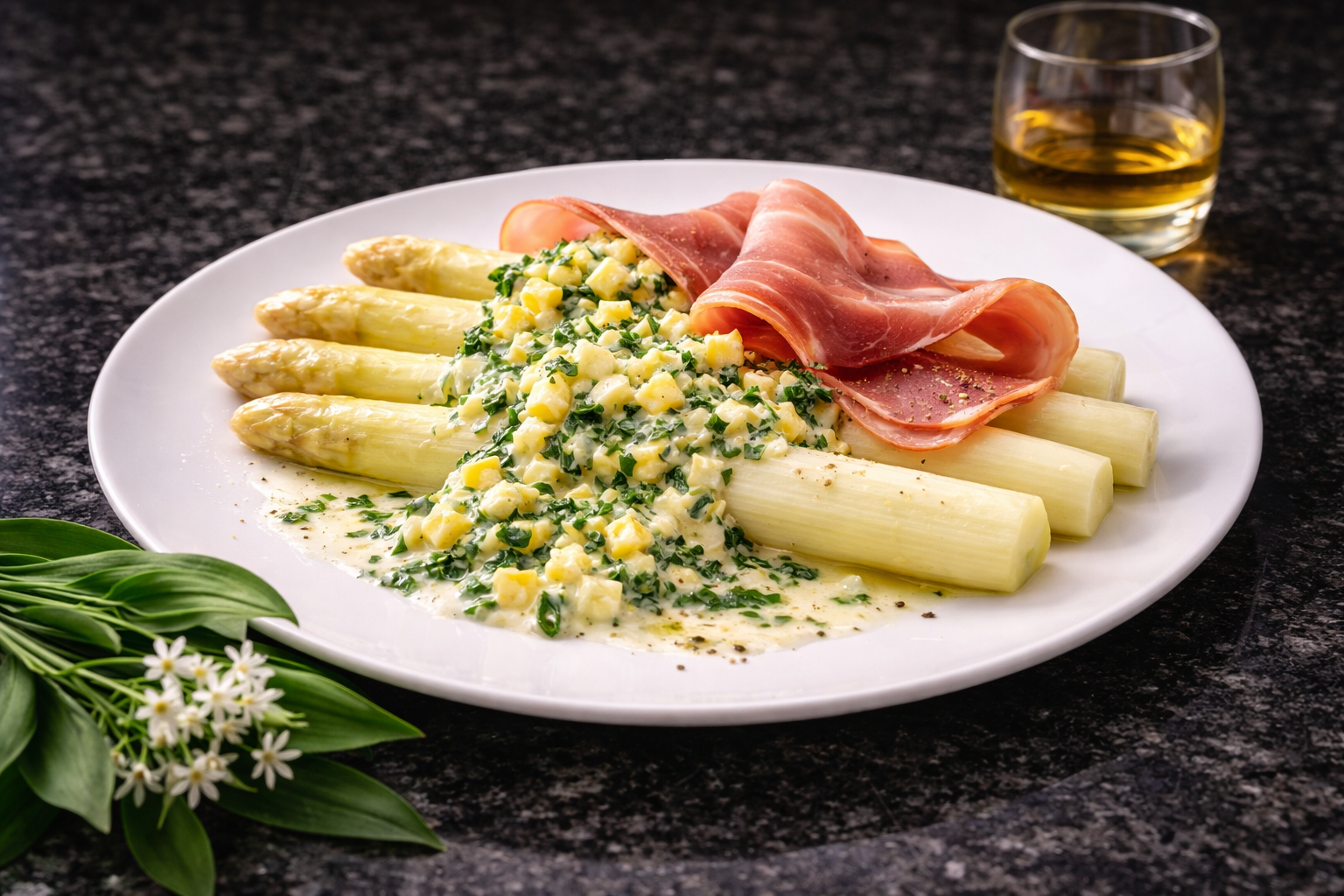 Asperges d’Alsace HEPP avec sauce œufs ail des ours et jambon affiné, dressées en assiette gastronomique