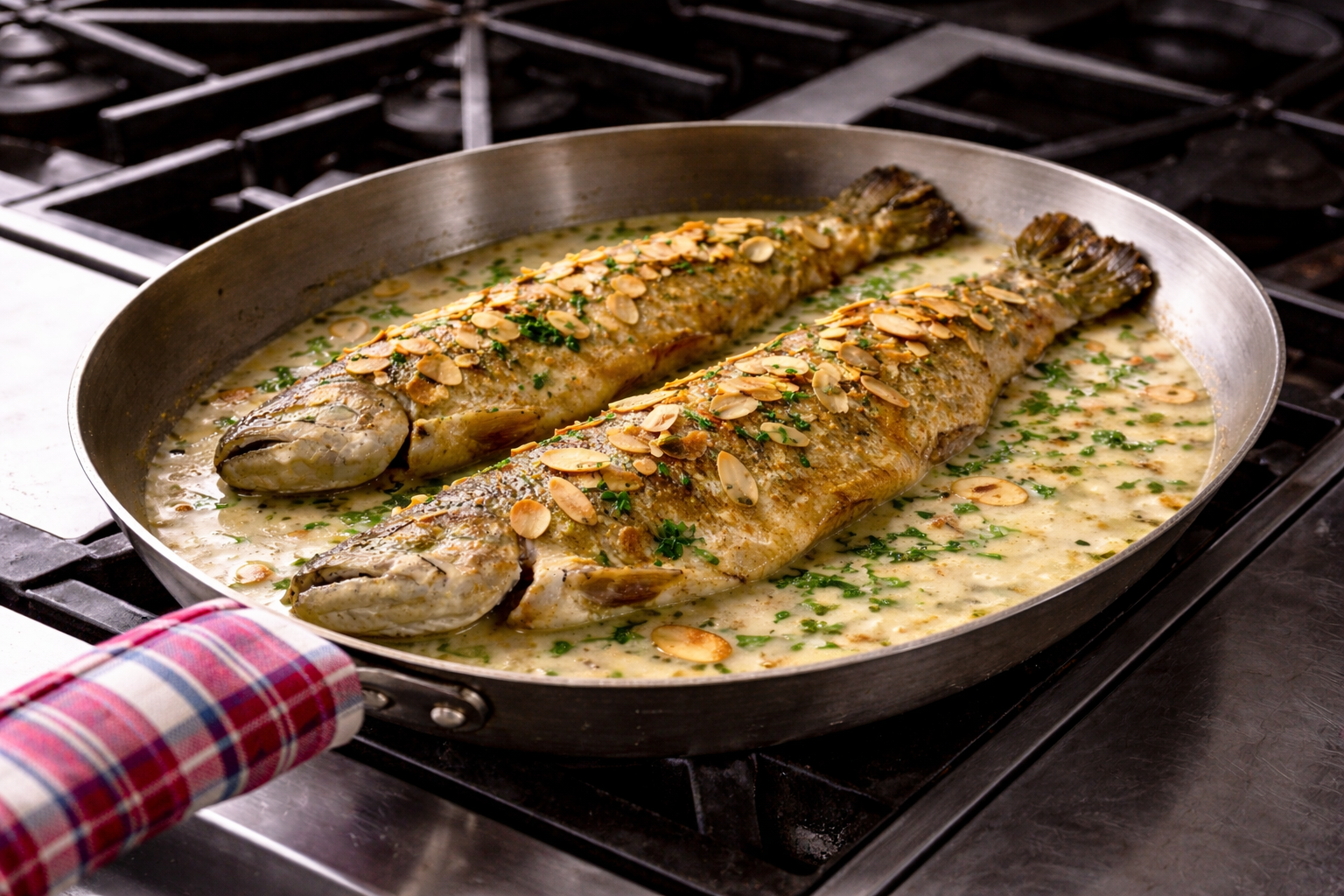 Truite AWA Pinot Gris HEPP avec sauce ail des ours et amandes grillées en cuisson à la poêle