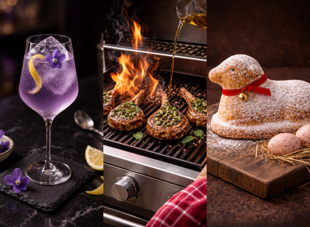 Cocktail à la violette HEPP, côtelettes d’agneau au whisky HEPP au barbecue et Lämmele alsacien, symboles des recettes de Pâques en Alsace