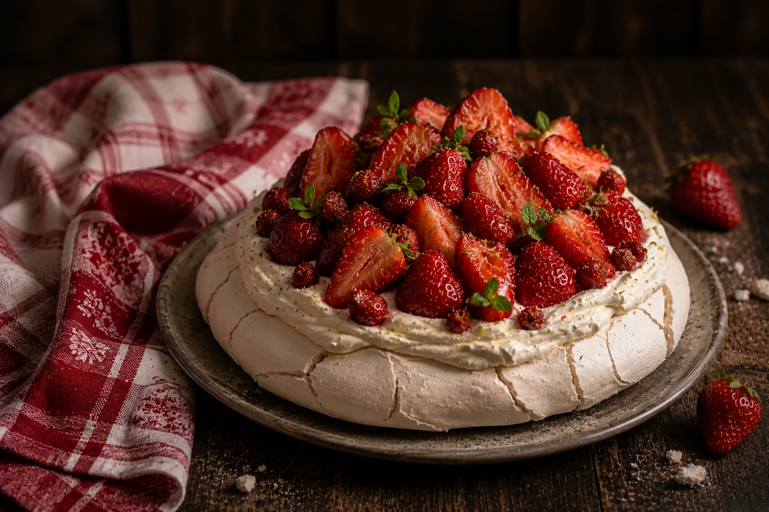 Pavlova aux fraises et Liqueur Fraises des Bois HEPP sur table rustique alsacienne avec tissu kelsch