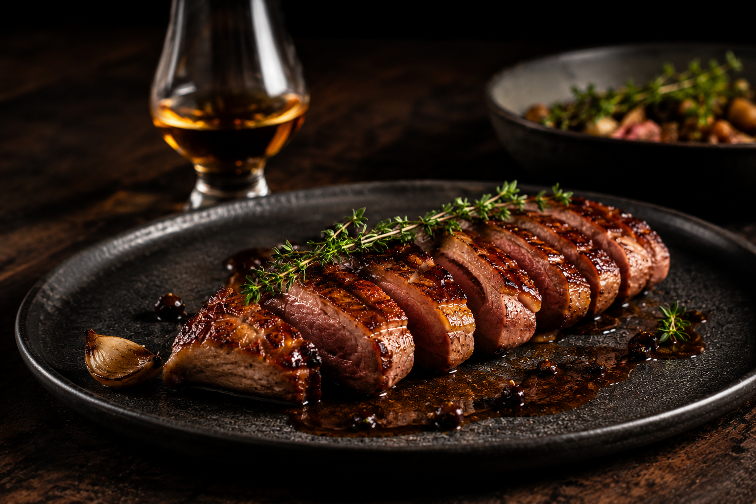 Magret de canard whisky tourbé servi sur assiette noire avec sauce au Whisky Tharcis Tourbé HEPP, cuisson barbecue et ambiance gastronomique haut de gamme.