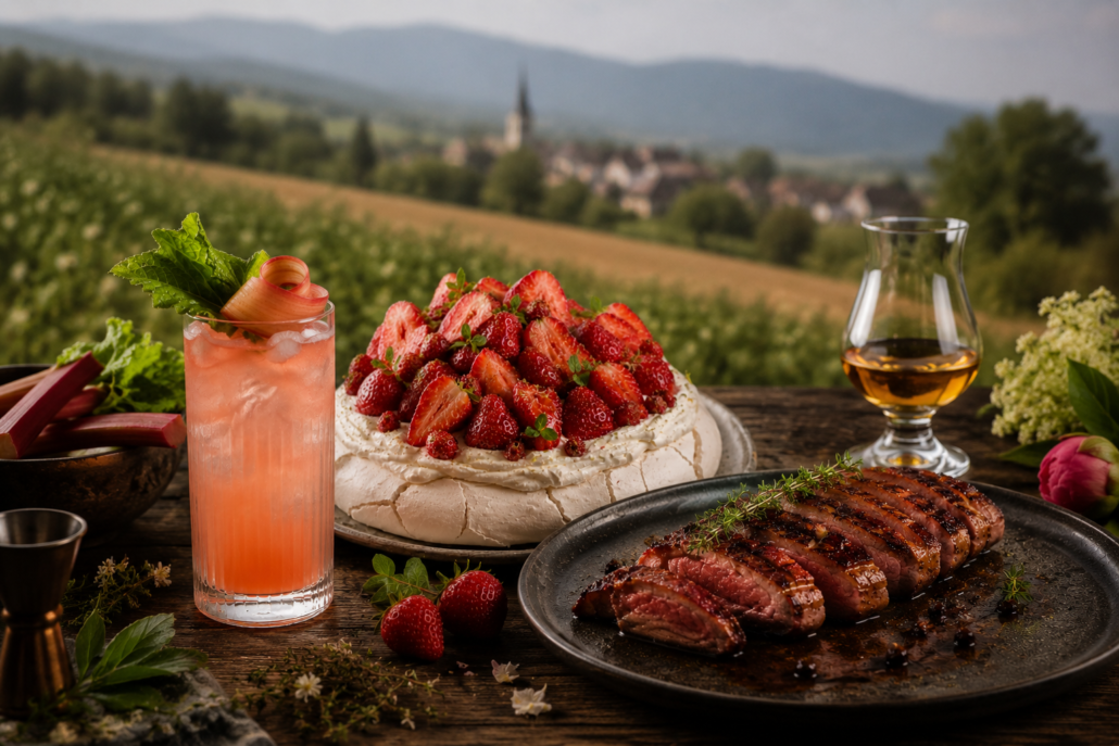 Sélection de recettes d’Alsace HEPP avec Pavlova aux fraises, cocktail Gin Rhubarbe HEPP et magret de canard whisky tourbé dans un paysage printanier alsacien.