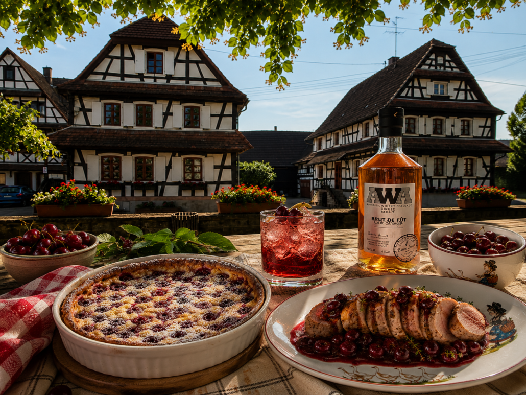 Recettes d'Alsace HEPP : clafoutis, cocktail et filet mignon aux cerises devant des maisons alsaciennes à colombages