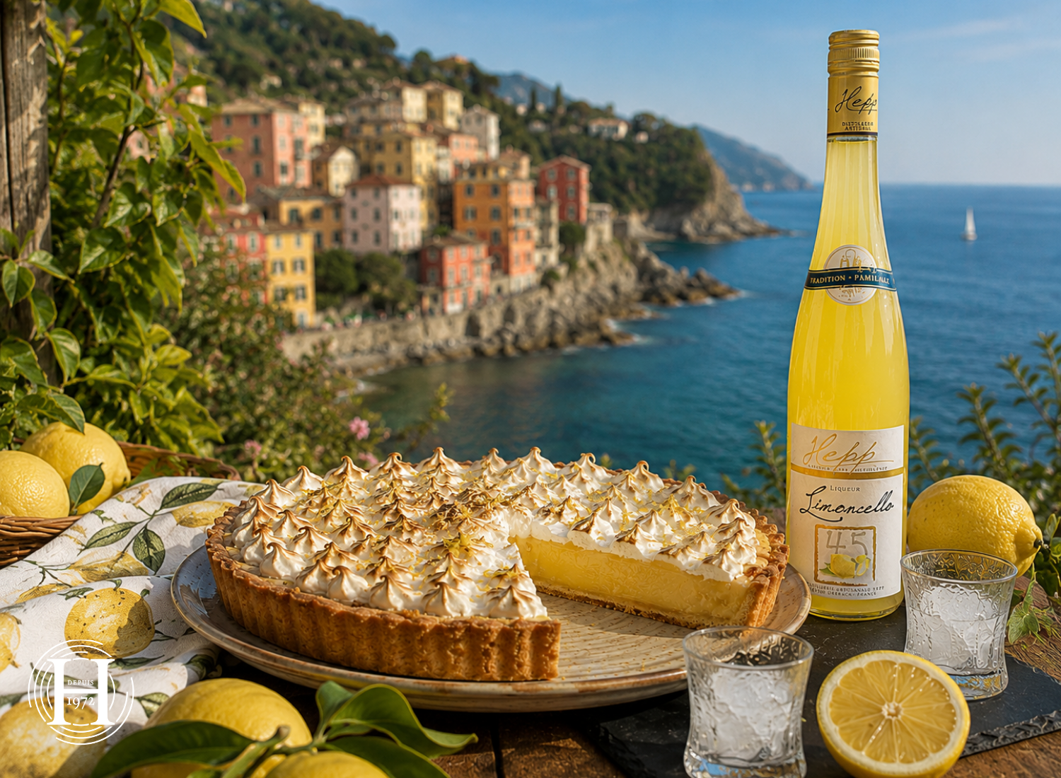 Tarte au citron au limoncello HEPP meringuée, bouteille de Limoncello HEPP face à un village de bord de mer