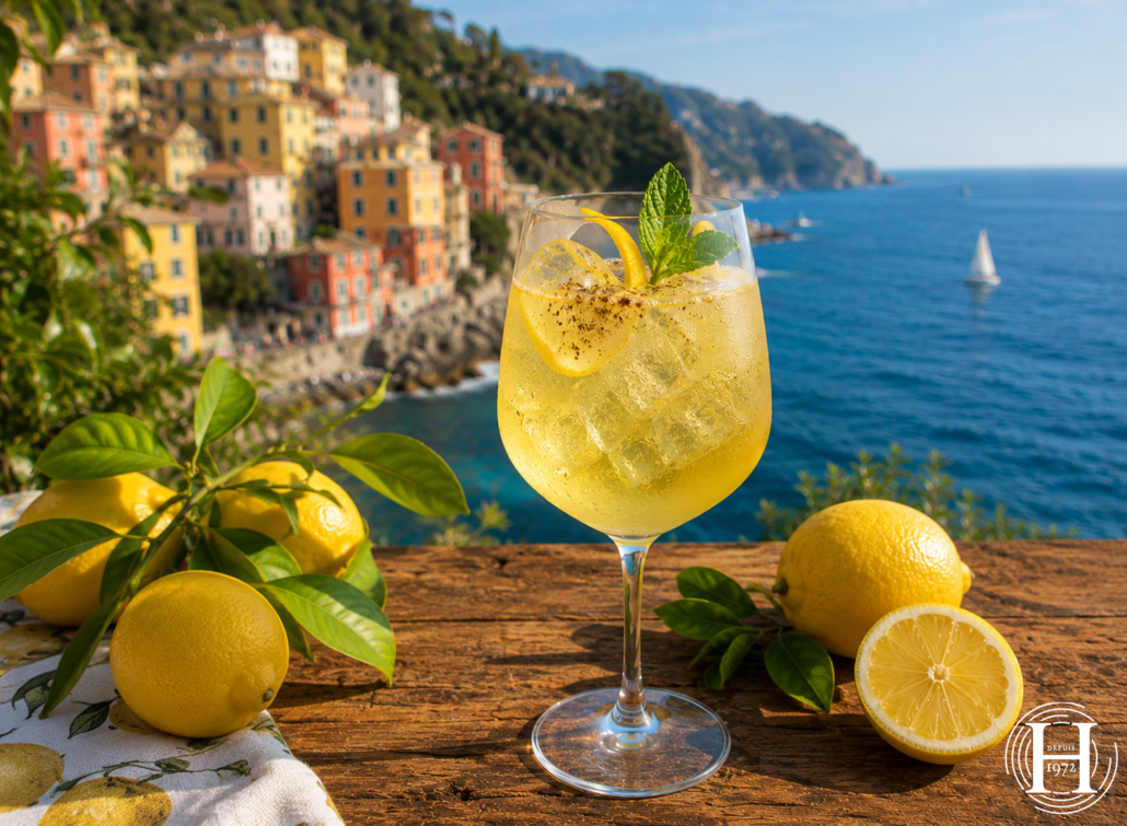 Cocktail au limoncello HEPP, spritz italien servi sur glace avec citron et menthe face aux Cinque Terre
