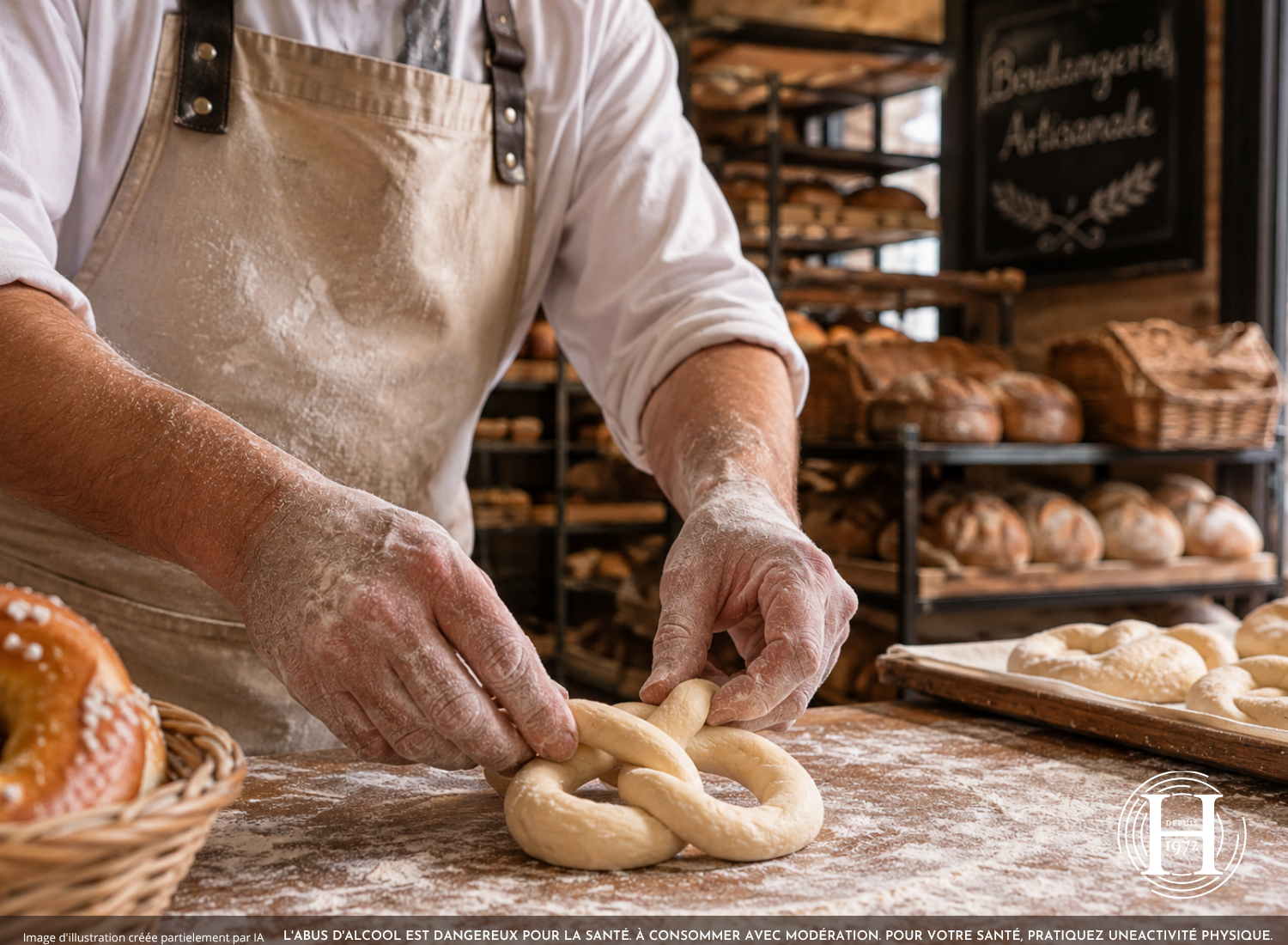 Boulanger façonnant un bretzel alsacien maison à la main dans une boulangerie artisanale