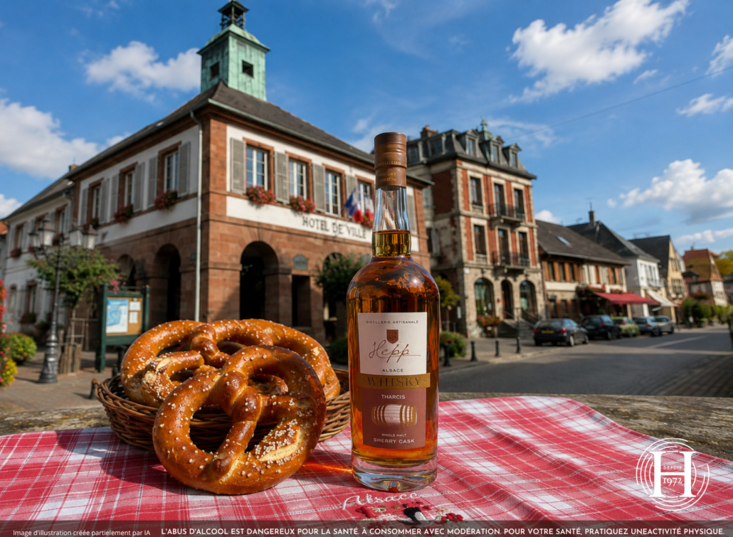 Bretzels alsaciens dans un panier et Whisky Tharcis HEPP devant un hôtel de ville en grès rose d'Alsace