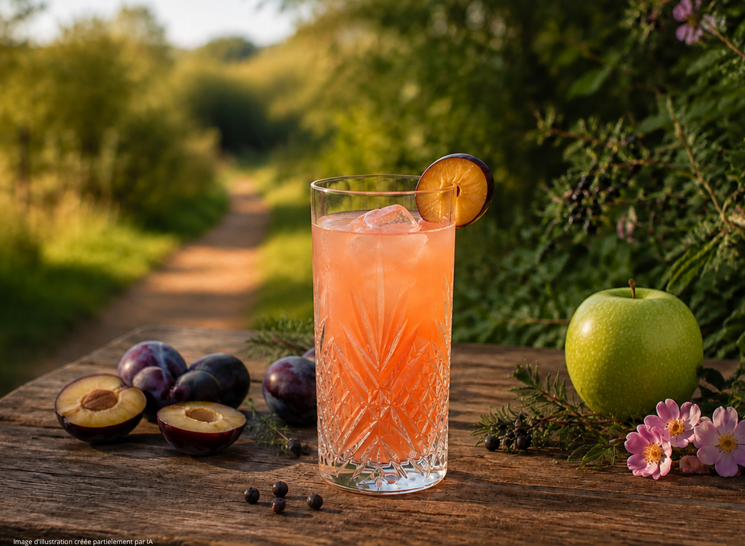 Cocktail gin rose alsacien Heckerösele servi sur un chemin de lisière, entouré de quetsches, baies de genièvre et pomme verte