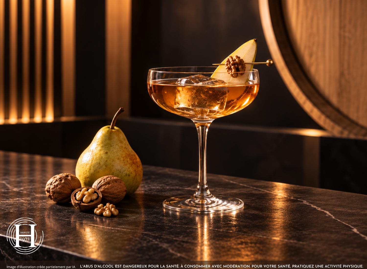 Cocktail whisky poire Williams Nussbìrele servi en coupe sur un gros glaçon, avec poire et cerneaux de noix